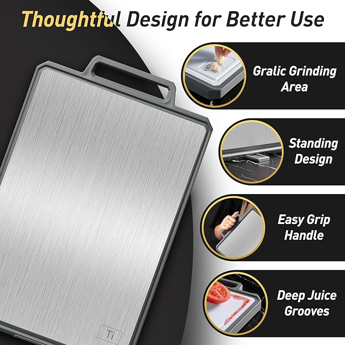 Titanium Cutting Boards for Kitchen Chopping Board with Handle Large Big Small Kitchen Meat Butcher Block 2 in 1 Pure Titanium and Wheat Straw PP Not Wood Bamboo Plastic Silicone Teak Grey/White