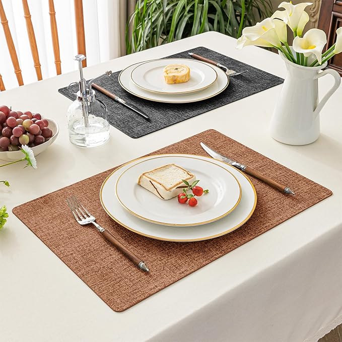 Romanstile Reversible Vinyl Placemats Set of 4, Faux Leather 100% Waterproof Oil-Proof Wipeable Place Mats, Heat Resistant Dual Sided Table Mats for Kitchen/Dining/Party (Grey Orange, 12 x 17 Inch)