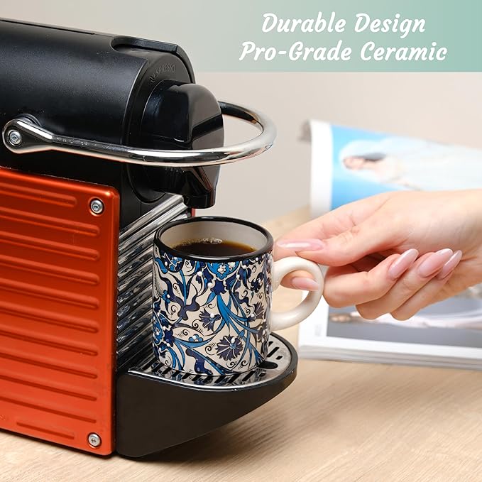 Ceramic Espresso Cups, 5 Oz Espresso Cups Set of 4, Handmade Espresso Cup, 2.75 Inch Espresso Mugs, Multicolor Demitasse Cups, Microwave & Dishwasher Safe Espresso Mugs, Coffe Mug (IZNIK CARNATION)