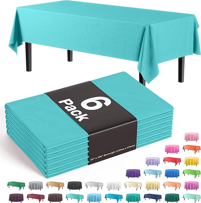 Exquisite 66% Thicker Premium Plastic Table Cloth Rectangle Table Cover 0.5 Mil 6 Pack Aqua Table Cloth 54 Inch x 108 Inch Disposable Tablecloth Won't Tear Easily Like Cheap Thin Brands