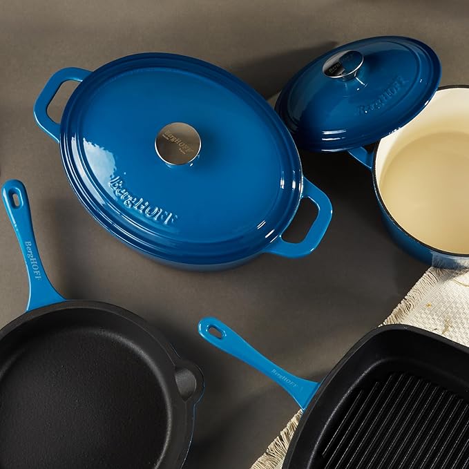 BergHOFF 10Pc Neo Enameled Cast Iron Cookware Set, Matching Lid, Oven Safe Up To 400°F, Blue