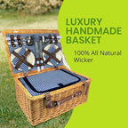 Nature Gear Picnic Basket, Wicker Basket with Handle for Outdoors, Insulated Woven Basket, Includes a Service Kit of Dinnerware & Wine Glasses, Picnic Basket Set for 4, Blue & White