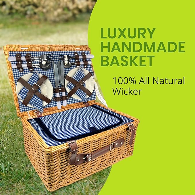 Nature Gear Picnic Basket, Wicker Basket with Handle for Outdoors, Insulated Woven Basket, Includes a Service Kit of Dinnerware & Wine Glasses, Picnic Basket Set for 4, Blue & White