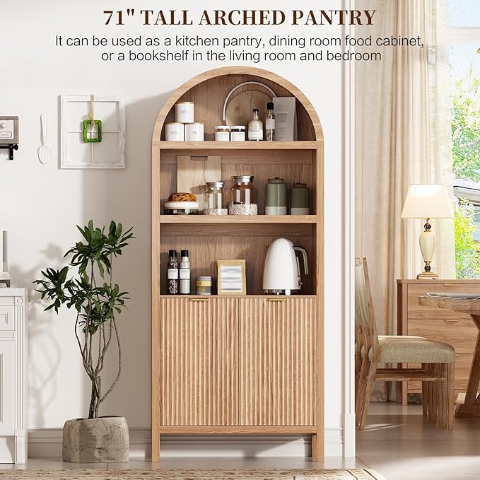 71" Tall Arched Kitchen Pantry,Modern Fluted Wood Storage Cabinet with Doors,Adjustable Shelves,Organizer, Versatile Cupboard for Kitchen,Living Room,Dining Room,Bathroom,Oak1