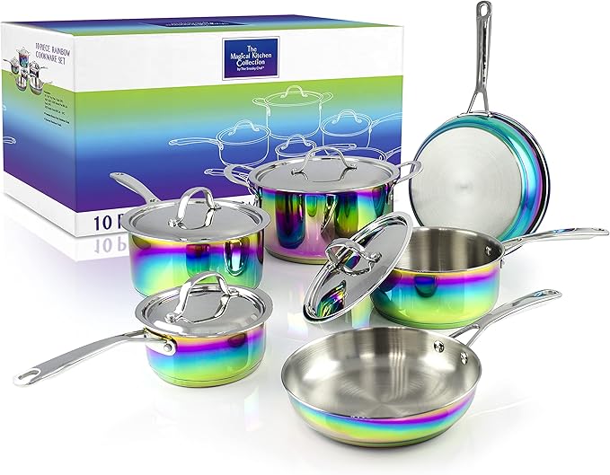 The Magical Kitchen Collection - Iridescent Rainbow Cookware Set - Premium Heavy Duty Stainless Steel and Titanium Pots & Pans Set - Rust Proof, Induction Stove & Oven-Safe (10 Piece)