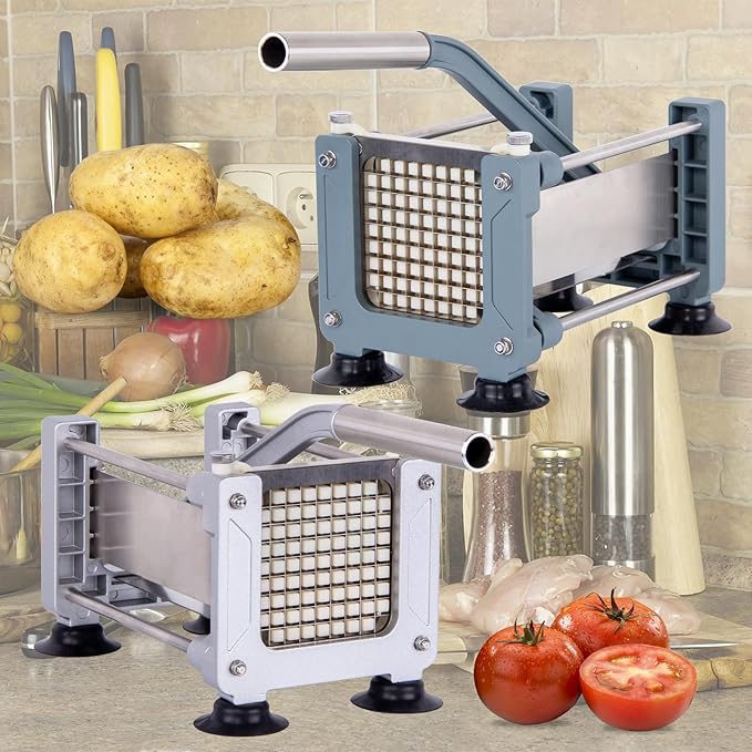 Rismonar French Fry Cutter Stainless Steel Potato Slicer With 1/2in 1/4in 3/8in Blade for Carrots Cucumbers Vegetables (Green, Machine + 1/2 & 1/4 & 3/8)