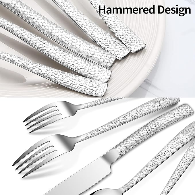 40-Piece Silverware Set, Silver Hammered Stainless Steel Flatware Sets for 8, Food-Grade Tableware Set, Including Fork Knife Spoon Set, Home Kitchen Cutlery Sets, Dishwasher Safe