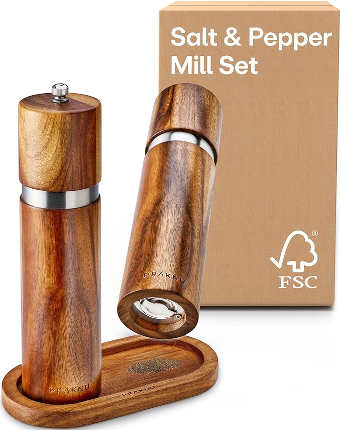Salt and Pepper Grinder Set Wooden with Tray – Made from FSC® Acacia Wood – Adjustable Durable Ceramic Rotor - Plastic-Free