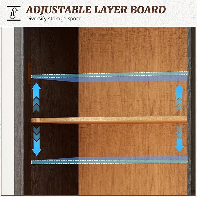 Arch Storage Cabinet with Tempered Glass Door, 71” Arched Display Floor Cabinet, 5 Tier Farmhouse Buffet with Storage for Dining Room, Living Room, Home Office or Kitchen(Black&Oak)