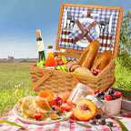Picnic Basket Set for 4 Persons, Woven Woodchip Basket with Folding Handles & Lid, Blue and White Gingham Lining Basket Set with Utensils Cutlery - Perfect for Picnic, Camping, Valentine Day, Outdoor