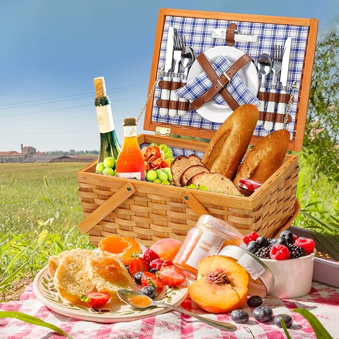 Picnic Basket Set for 4 Persons, Woven Woodchip Basket with Folding Handles & Lid, Blue and White Gingham Lining Basket Set with Utensils Cutlery - Perfect for Picnic, Camping, Valentine Day, Outdoor