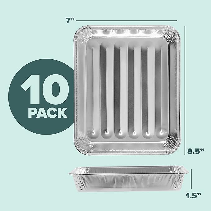 PLASTICPRO 10 Pack Disposable Aluminum Grill Liners Toppers Aluminum Foil Broiler Pans Durable Ribbed Grill Drip Pans 8.5x7