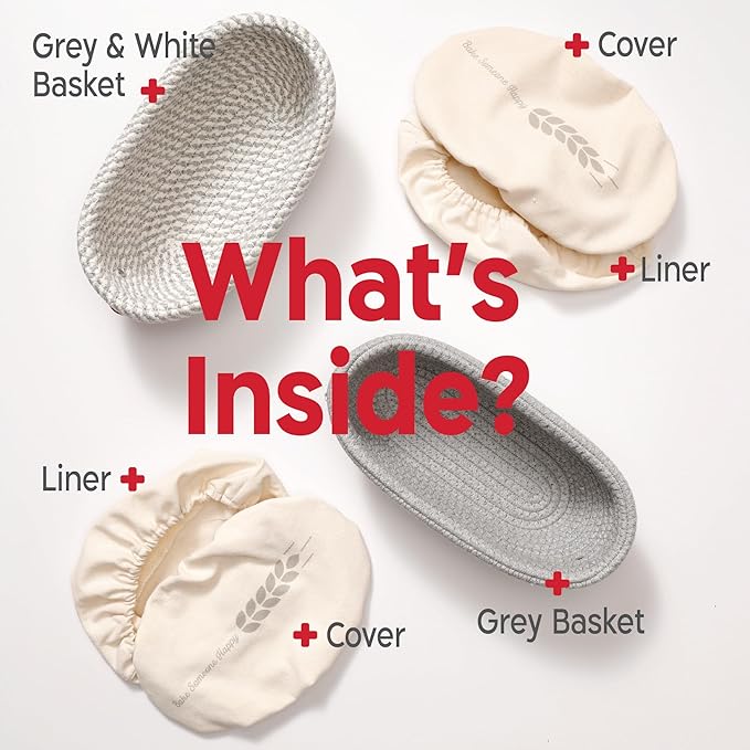 Cotton Rope Banneton Bread Proofing Basket Set, 2 x Oval Bread Basket with Liners & Covers for Artisan Bread Baking, Sourdough Bread Baking Supplies