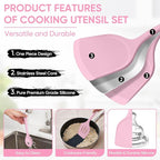 Herogo Silicone Cooking Utensils Set, 7-Piece Kitchen Utensils Set, Heat Resistant Cooking Gadget Tools Slotted Turner, Spoon, Soup Ladle, Pasta Server, Spatula, Tongs for Nonstick Cookware, Pink