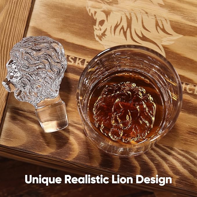 Whiskey Decanter Set with Wooden Box Artistic 25.4 oz Decanter + 2x10 oz Glasses | 304 Stainless Steel Whiskey Stones, Slate Coasters, Tongs & Pouch | Gift for Men, Husband, Dad, Weddings