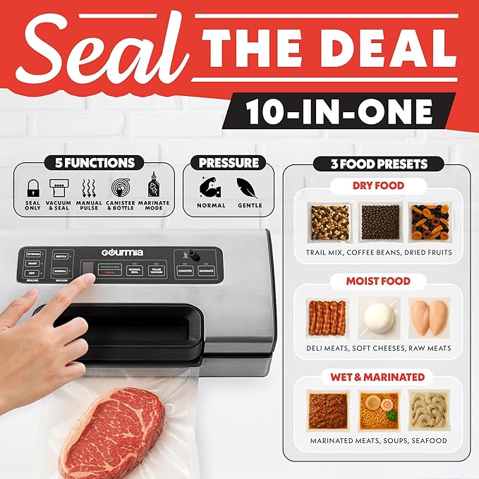 Premium Vacuum Sealer Machine for Food Storage – Dual Pressure Modes, Wet/Dry Sealing, Built-in Cutter & Bag Storage, Canister & Marinate Functions, Pulse Vacuum Control – Stainless Steel