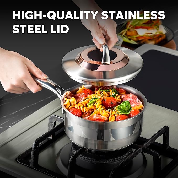 1 Quart Stainless Steel Saucepan with Lid, 6 Inch Hybrid Nonstick Sauce Pan,Small Cooking Pots,PFAS PFOA PTFE Free,Stay-Cool Handle, Dishwasher-Friendly, Oven-Safe,Compatible with All Cooktops