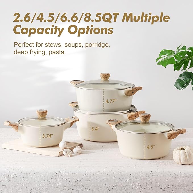 SENSARTE Ceramic Nonstick Stock Pot with Lid, 4.5+6.6 QT Soup Pot Set Casserole Pot, Non-toxic Healthy Pasta Pot, Large Cooking Pot Stew Pot, Induction Compatible, PFOA PFAS PTFE Free, White