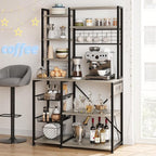 Bakers Rack with Power Outlet, 7-Tier Microwave Stand with Wire Basket, Coffee Bar with 4 s-Shaped Hooks, Kitchen Open Storage Shelf Rack for Spices, Pots, Gray