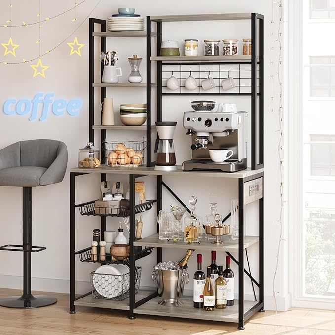 Bakers Rack with Power Outlet, 7-Tier Microwave Stand with Wire Basket, Coffee Bar with 4 s-Shaped Hooks, Kitchen Open Storage Shelf Rack for Spices, Pots, Gray