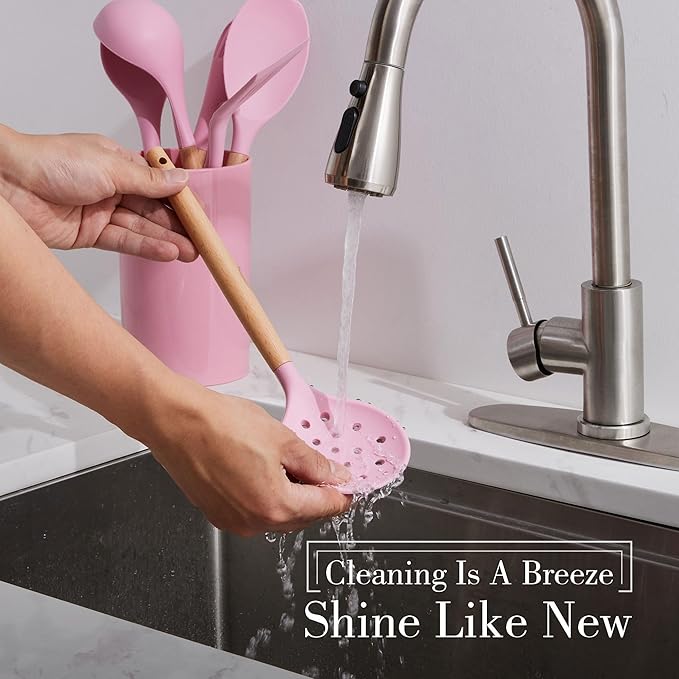 Silicone Kitchen Utensils Set, LIANYU 15-Piece Heat Resistant Cooking Utensils with Holder, Cooking Kitchen Gadgets Tools for Nonstick Cookware, Wooden Handle, Pink