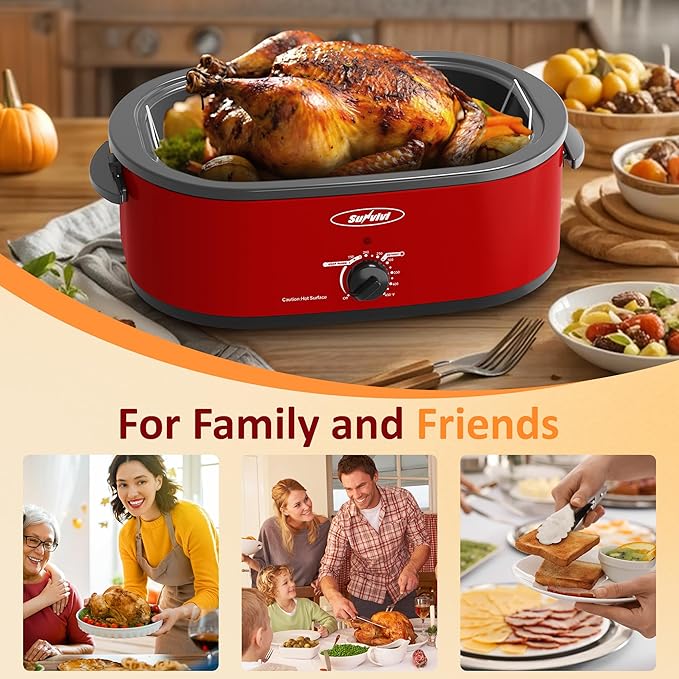 Sunvivi 20-Quart Roaster Oven with Self-Basting Lid, Electric Turkey Roaster Oven with Removable Pan and Rack, Stainless Steel, Red