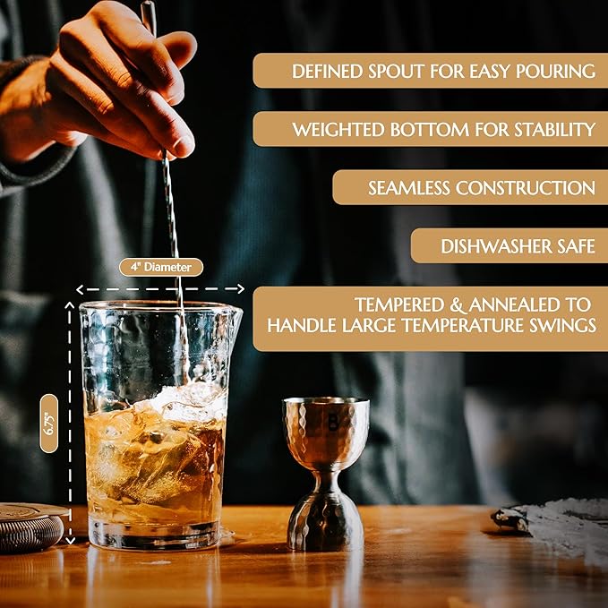 4 Piece Cocktail Kit by Bull In China - Premium Bartender Gift Set Includes Flagship Mixing Glass, 12 inch Barspoon, Bell Jigger & Hawthorne Strainer For Professional & Home Bars (Stainless Steel)
