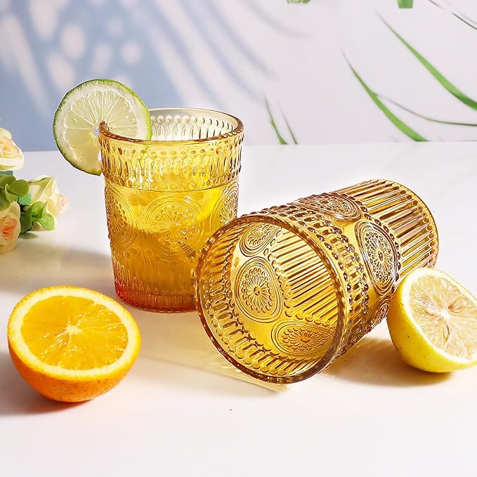 12pcs Vintage Drinking Glasses Set, 12 oz Highball Glasses & 9 oz Embossed Ribbed Glassware Cups for Thanksgiving Cocktail, Juice, Coffee, Whiskey (Amber)