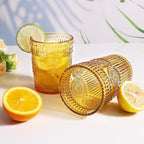 12pcs Vintage Drinking Glasses Set, 12 oz Highball Glasses & 9 oz Embossed Ribbed Glassware Cups for Thanksgiving Cocktail, Juice, Coffee, Whiskey (Amber)