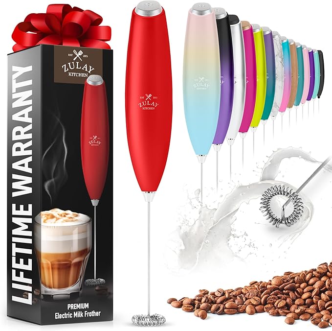 Zulay Powerful Milk Frother for Coffee with Powerful Motor - Handheld Frother Electric Whisk, Milk Foamer, Mini Mixer & Coffee Blender Frother for Frappe, Latte, Matcha, No Stand - Red