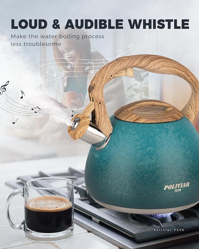 POLIVIAR Tea Kettle, 2.7 Quart Stovetop Tea Kettle, Audible Whistling Teapot with Crackle Finish, Food Grade Stainless Steel for Anti-Rust, Anti Hot Handle, Suitable for All Heat Sources (JX2023-LYD)