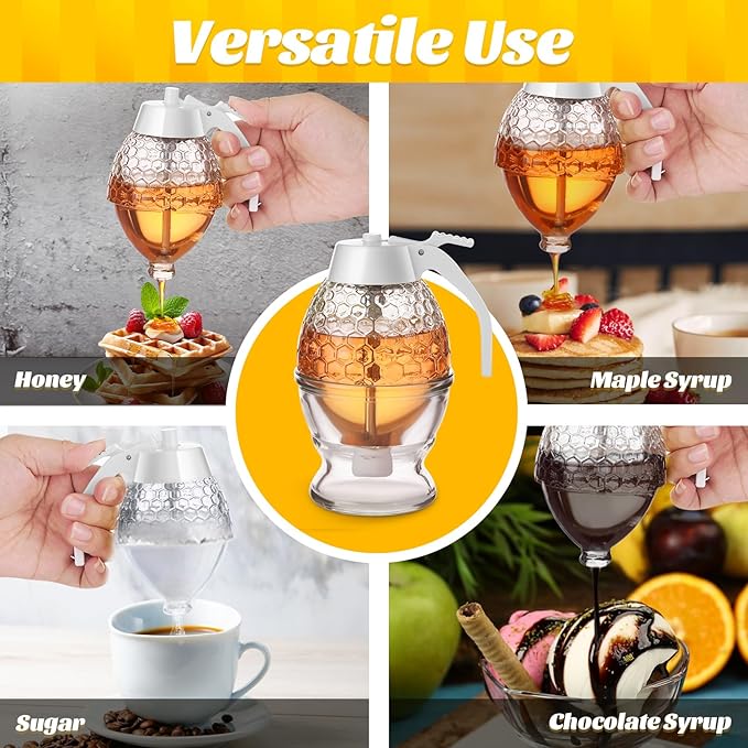 Honey Dispenser, 8oz Honey Dispenser No Drip Glass with Stand, Honey Container & Coffee Syrup Dispenser for Tea Time & Gifting, Elegant Honeycomb Honey Jar - Honey Pot Bottle for Maple Syrup Bee