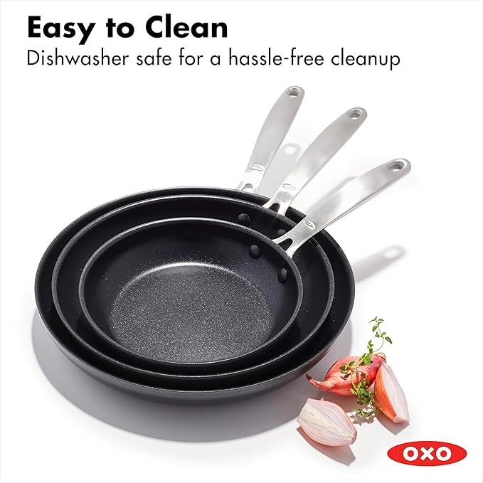OXO Enhanced, 8" 10" and 12" 3 Piece Frying Pan Skillet Set, Healthy Ceramic Nonstick, PFAS-Free, Stainless Steel Handle, Dishwasher Safe, Oven Safe, Black