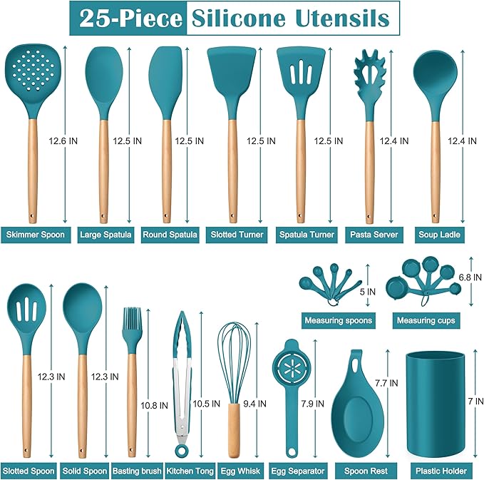 E-far Blue Cooking Utensils Set with Holder, 25-Piece Silicone Kitchen Utensil Set with Wooden Handle for Nonstick Cookware, 446°F Heat Resistant Kitchen Tool Spatula Tongs Whisk, Non-toxic & Healthy
