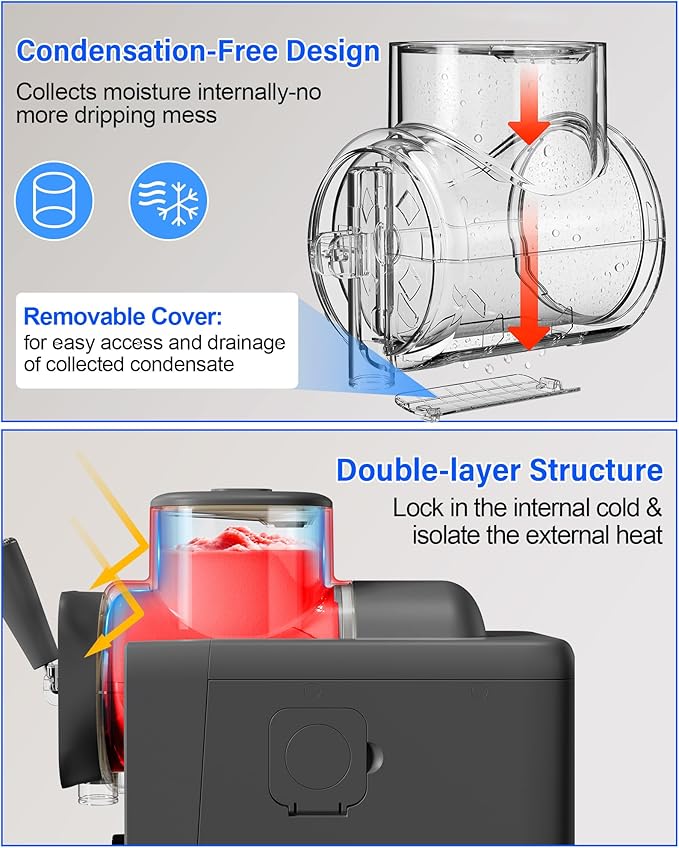 2-IN-1 Slush Machine & Ice Cream Maker Machine, 6 Modes for Smoothies, Milkshakes, Cocktails, Margarita, and Ice Cream, Double-Layer Tank, With Ice Cream Cone Holder, Self-Cleaning, For Home Use, Grey