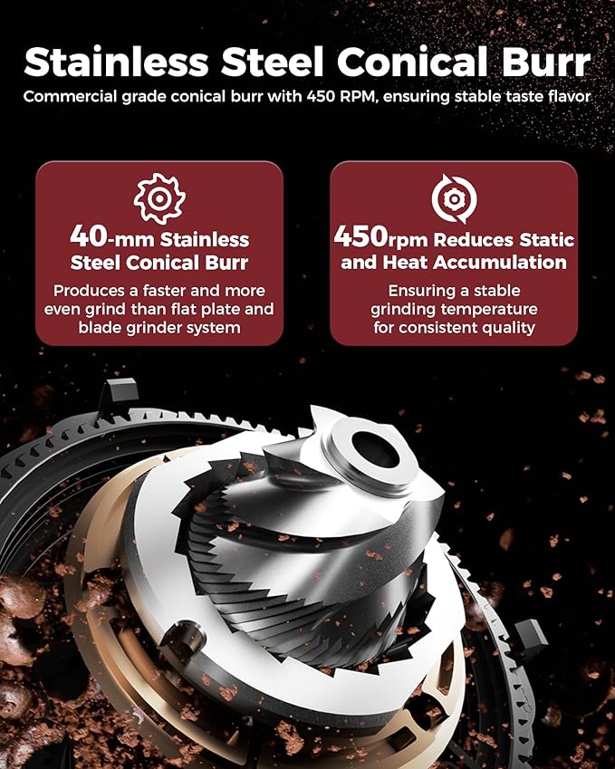 Tuni G1 Conical Burr Coffee Grinder, 48 Grind Settings Anti-static Burr Mill, Precision Electronic Timer and LED Touchscreen for Espresso/Drip/Cold Brew/French Press, Stainless Steel, Noir