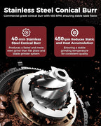 Tuni G1 Conical Burr Coffee Grinder, 48 Grind Settings Anti-static Burr Mill, Precision Electronic Timer and LED Touchscreen for Espresso/Drip/Cold Brew/French Press, Stainless Steel, Ivory