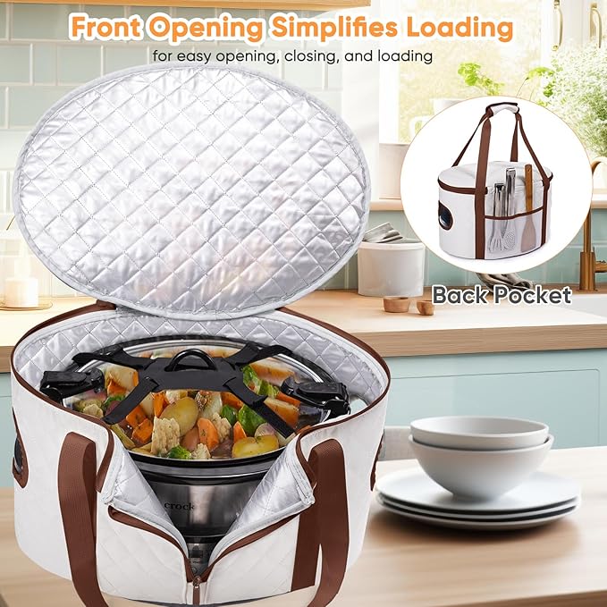 BAGSPRITE Slow Cooker Carrying Case Compatible with 6-8 Quart Crockpot Carrier for Hot Food and Hamlton Beach Slow Cooker Tote with Lid Fastener for Crock-pot Dust Cover Applicances