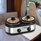 Double Slow Cooker, Buffet Servers and Warmers, Dual 2 Pot Slow Cooker Food Warmer, Adjustable Temp Dishwasher Safe Removable Ceramic Pot Glass Lid, 2 x 1.25 QT Portable Small Crock Cooker