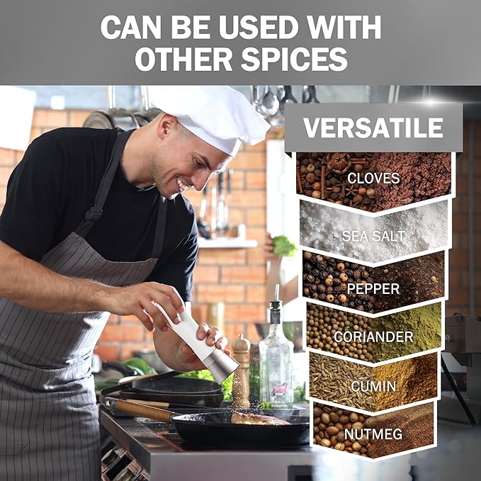 HOME EC Stainless Steel Salt and Pepper Grinder Set of 2 - Adjustable Ceramic Sea Salt Grinder & Pepper Grinder - Glass Salt and Pepper Shakers - Pepper Mill & Salt Mill W/Funnel - Black and White