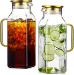 2 Pack 2 Liters/68 oz Square Glass Pitcher with Lid and Handle for Fridge, Iced Tea and Coffee Carafe Beverage Serveware, Heat Resistant Borosilicate Water Gold Jug for Hot/Cold Drinks and Milk