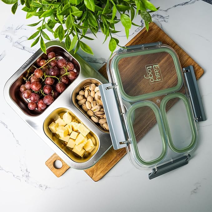 3 Compartment Stainless Steel Large Bento Box, 40oz Meal Prep Container with Reusable Snack Container, Large Lunch Box for Adults with Lids, Green Lunchbox