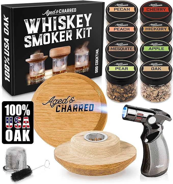 Whiskey Smoker Kit with Torch & 8 Flavors Wood Chips - Old Fashioned Smoker Kit - Bourbon Gifts for Men, Cocktail Smoker kit - USA Oak Smoke Lid (No Butane)