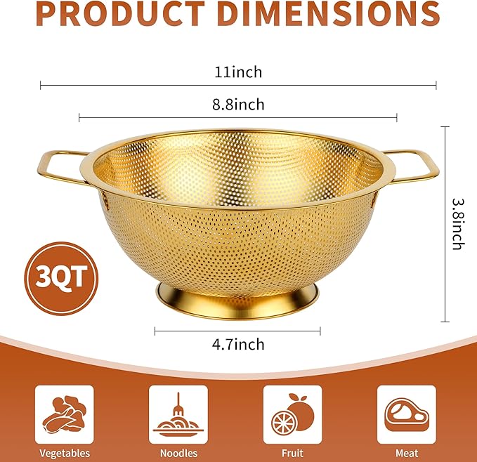 Golden Colander, 3QT Durable Stainless Steel Stainer for Pasta Noodle Rice Food Vegetables, Metal Drainer With Food Grade Surface For Easy Straining(Gold, 3QT)