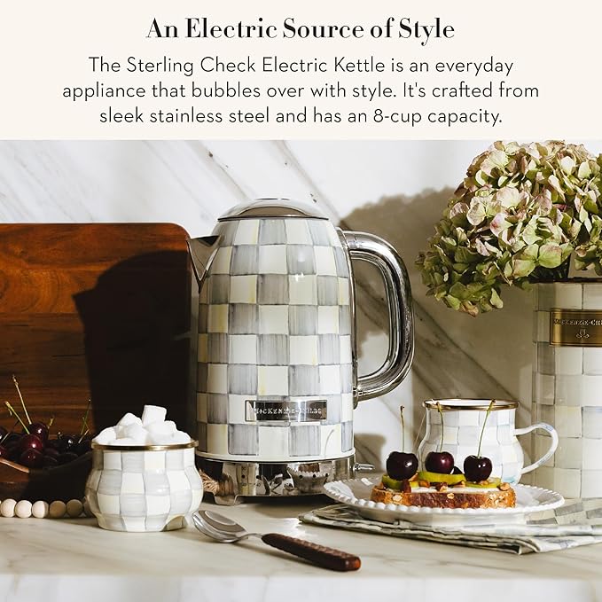 MACKENZIE-CHILDS Electric Kettle, Stainless-Steel Tea Kettle, Gray-and-White Sterling Check