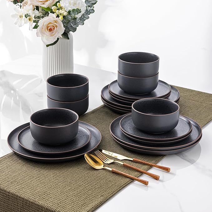 LERATIO Stoneware Dinnerware Sets for 4,Handcarft Ceramic Plates and Bowls Sets,Chip and Scratch Resistant Dishes, Dishwasher & Microwave Safe, Oven safe,Reactive Glaze-Speckled Ashen