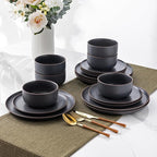 LERATIO Stoneware Dinnerware Sets for 4,Handcarft Ceramic Plates and Bowls Sets,Chip and Scratch Resistant Dishes, Dishwasher & Microwave Safe, Oven safe,Reactive Glaze-Speckled Ashen