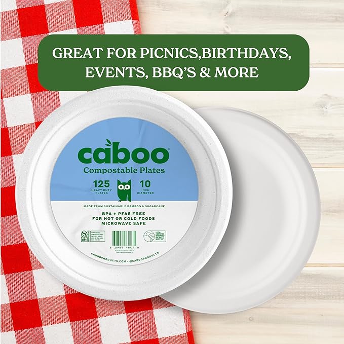 Caboo Disposable Bamboo Paper Plates, 125 Pack of 10 Inch Sturdy Biodegradable Plates, Compostable Plate, Microwave Safe Party Plate, Eco Friendly Alternative to Plastic