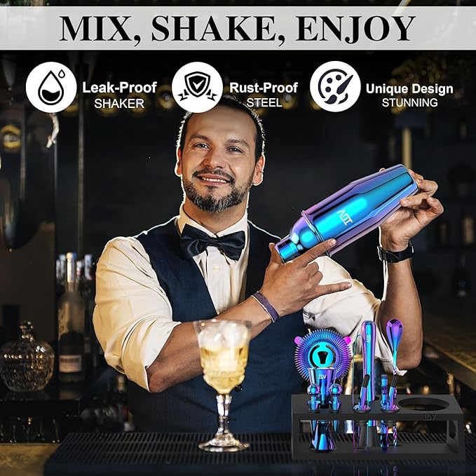 IOV Mixology Bartender Kit with Stand | 12-Piece Cocktail Shaker Set | 24oz Martini Shaker Set for Drink Mixing | Bar Set Includes All Bar Tools and Recipe Booklet | Fun Housewarming Gift (Rainbow)