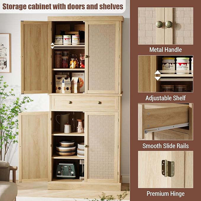 72" Tall Freestanding Pantry Cabinet, Farmhouse Wooden Storage Cupboard with 4 Doors (Barn Doors), 1 Drawer & Adjustable Shelves, Rustic Tall Cabinet for Kitchen, Dining Room, Living Room